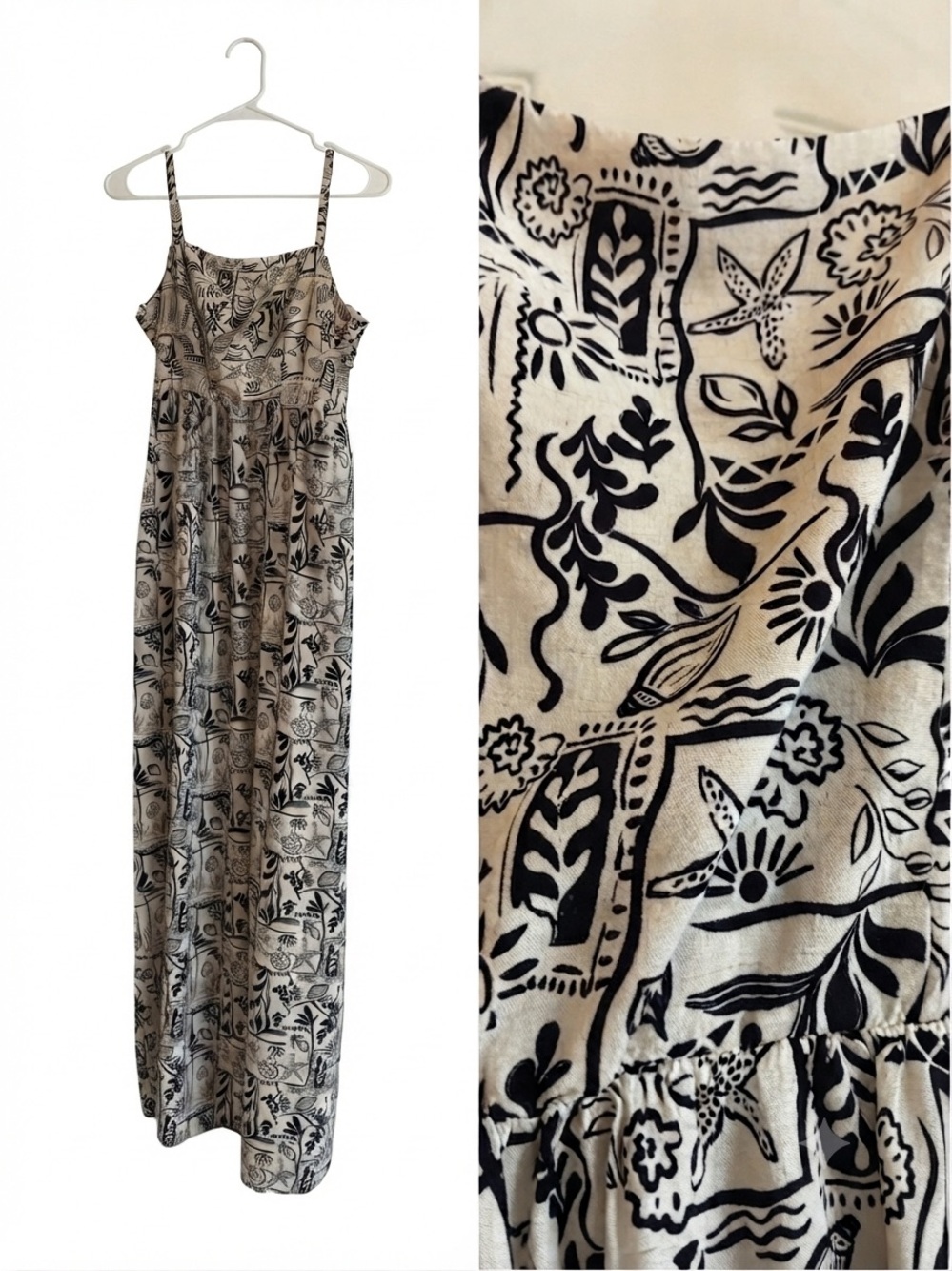 Seashell Vaca Linen Blend Abstract Maxi Dress Size L Euro Summer Coastal Vibes